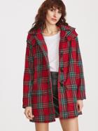 Romwe Red Plaid Flap Pocket Front Hooded Duffle Coat