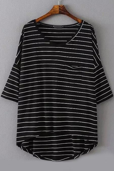 Romwe Dip Hem With Pocket Striped Black T-shirt