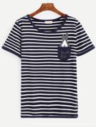 Romwe Navy Striped Rabbit Print T-shirt With Pocket