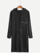 Romwe Black Slit Side Zip Detail Drawstring Hooded Sweatshirt Dress