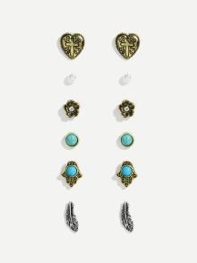 Romwe Faux Pearl & Feather Stud Earrings Set 6pairs