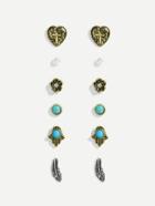 Romwe Faux Pearl & Feather Stud Earrings Set 6pairs