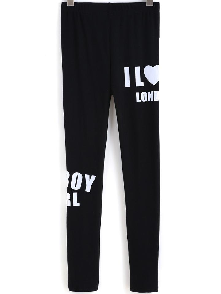 Romwe Black Slim I Love London Print Leggings