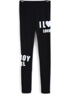 Romwe Black Slim I Love London Print Leggings