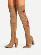 Romwe Floral Embroidery Block Heeled Over The Knee Boots