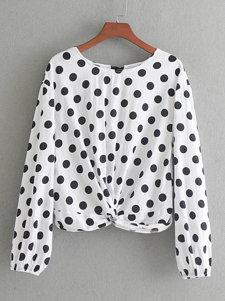 Romwe Tie Back Twisted Detail Polka Dot Blouse