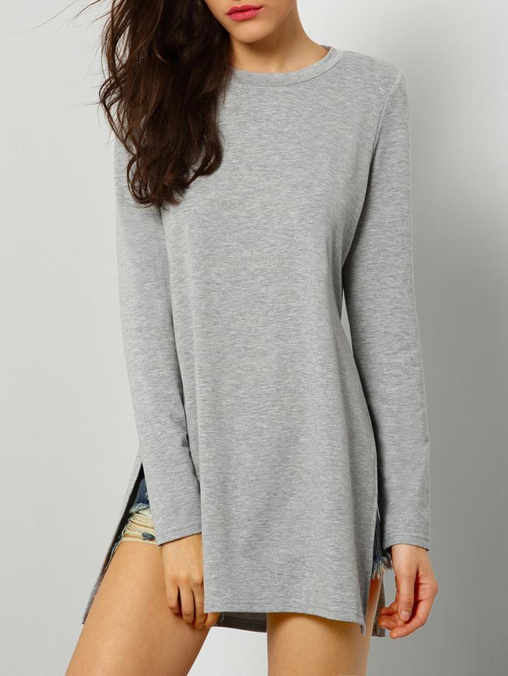 Romwe Grey Round Neck Split T-shirt