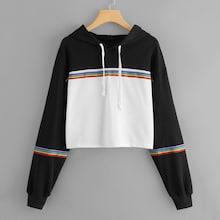 Romwe Striped Colorblock Hooded Sweatshirt