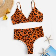 Romwe Leopard Print Cami Top With High Waist Bikini
