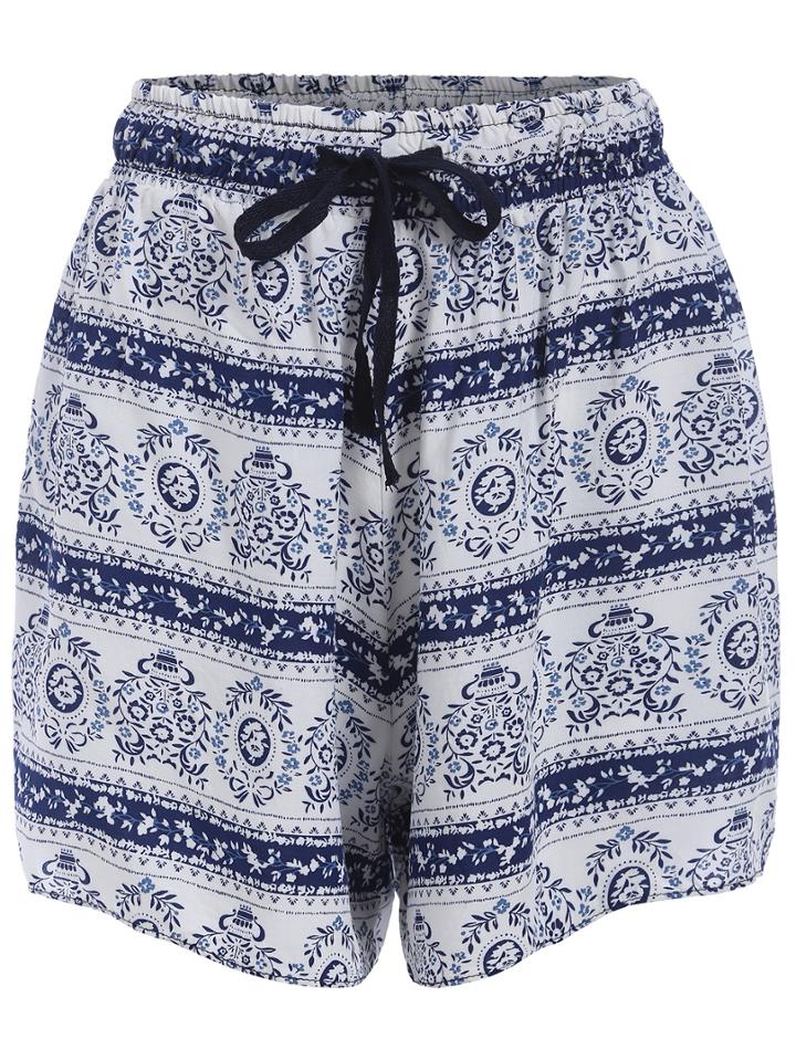 Romwe Drawstring Tribal Print Shorts