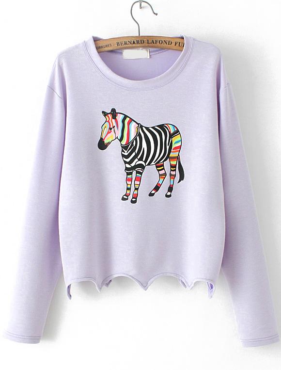 Romwe Zebra Print Crop Purple Sweatshirt