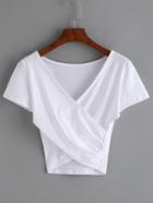 Romwe V-neck Cross Wrap Crop T-shirt - White
