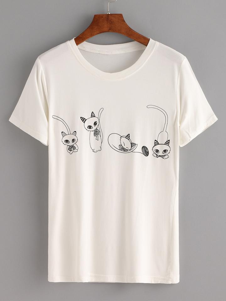 Romwe Mouse Cartoon Print White Loose T-shirt