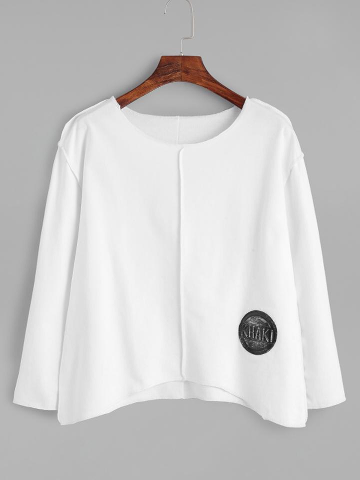Romwe Ivory Print Topstitch Dip Hem Long Sleeve T-shirt