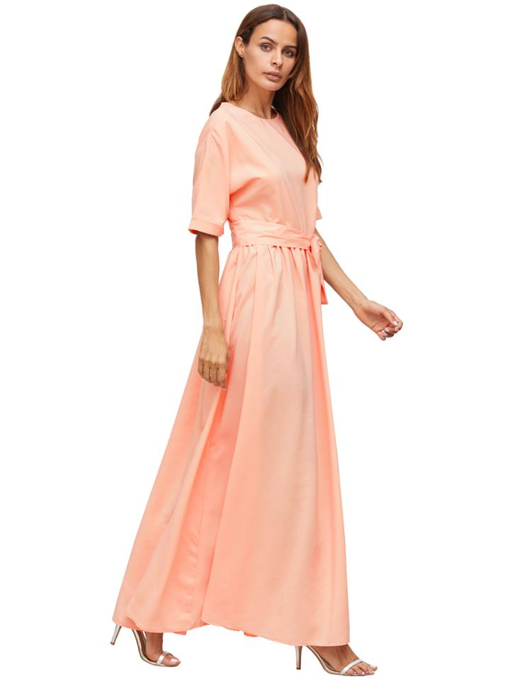 Romwe Pink Tie Front Detail Maxi Dress