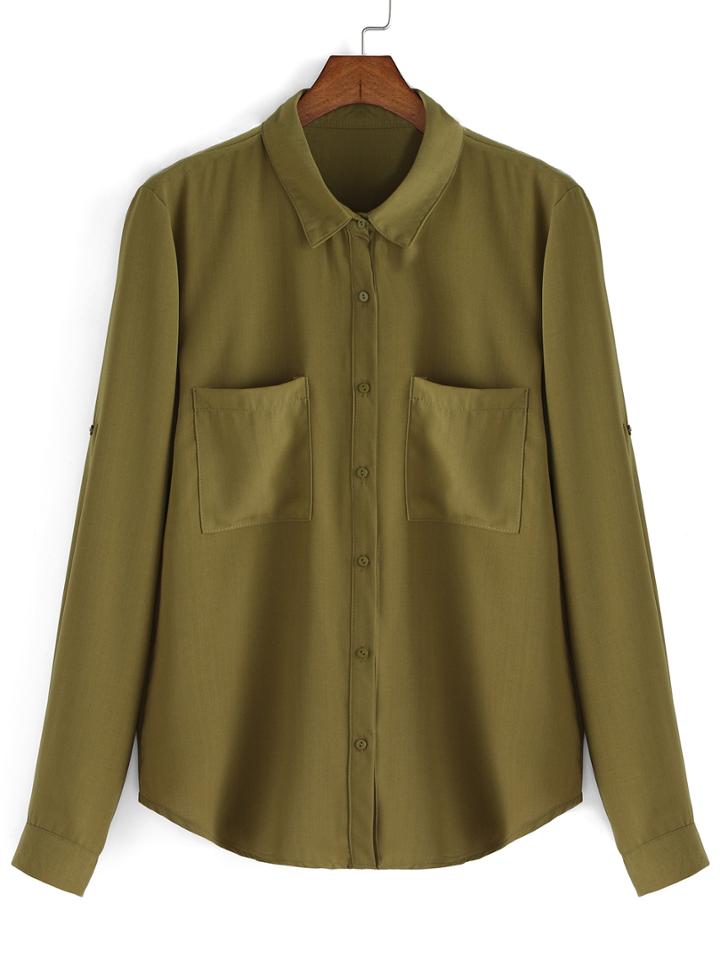 Romwe Lapel Pockets Army Green Blouse