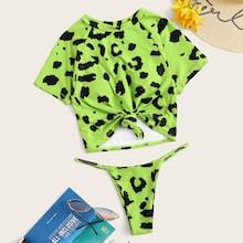 Romwe Leopard Knot Front Short Sleeve Tankini Set