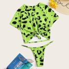 Romwe Leopard Knot Front Short Sleeve Tankini Set