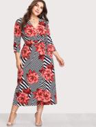 Romwe Abstract Stripe Florals Wrap Dress