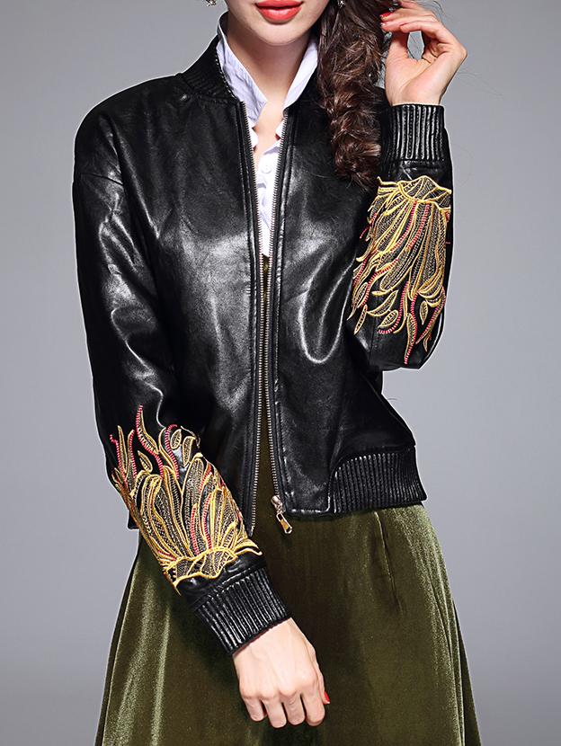 Romwe Black Embroidered Zipper Pu Coat
