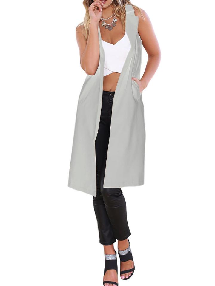 Romwe Lapel Pockets Long Grey Vest