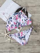 Romwe White Floral Print Bikini Set