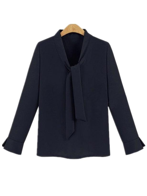 Romwe Navy Tie Collar Chiffon Shirt