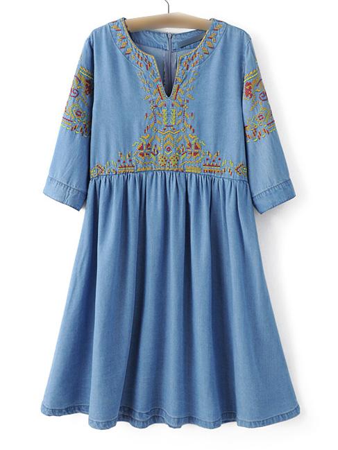 Romwe Blue Collarless Embroidery Pleated Denim Dress