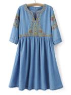 Romwe Blue Collarless Embroidery Pleated Denim Dress