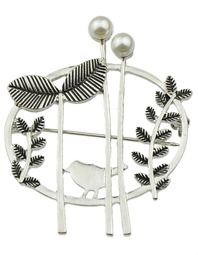 Romwe Silver Leaf Tree Bird's Brooches