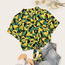 Romwe Banana Print Knot Hem Blouse