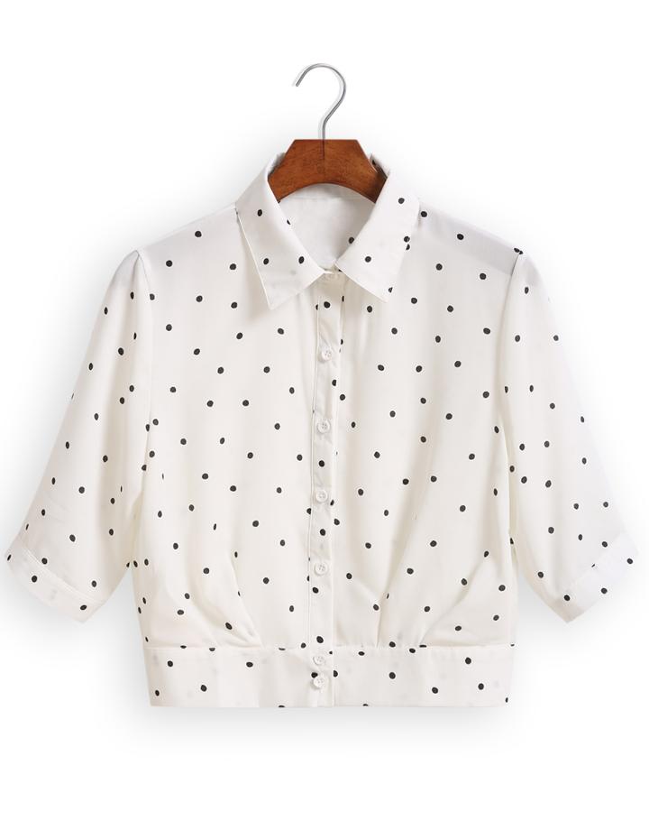 Romwe Lapel Polka Dot Crop Top