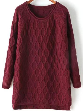 Romwe Dip Hem Diamond Burgundy Sweater