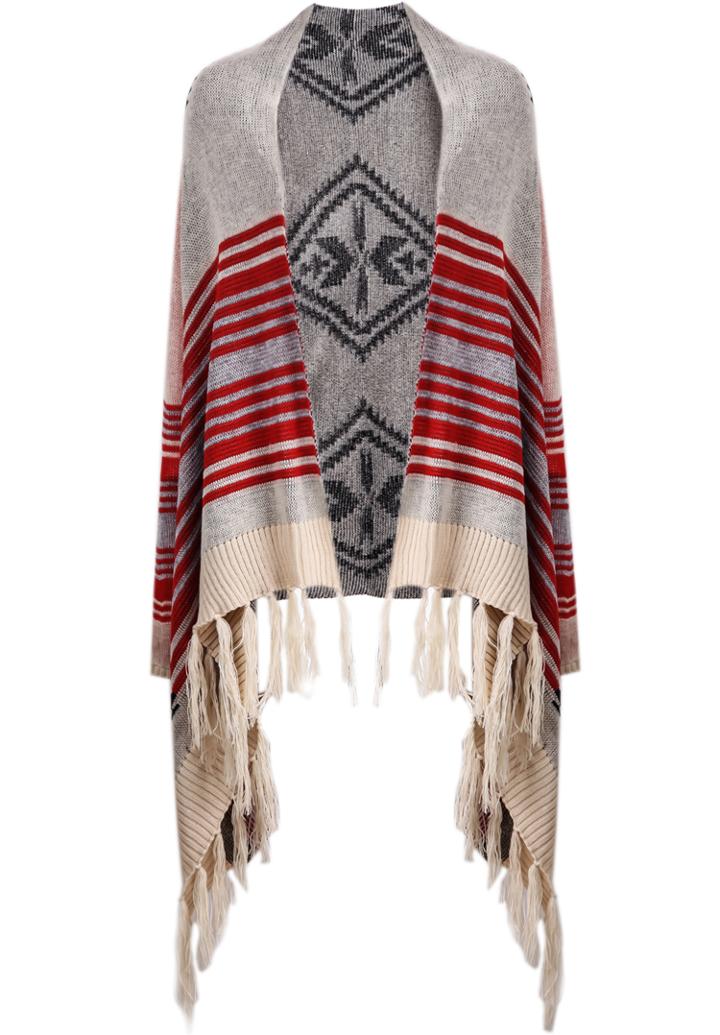 Romwe Red Striped Tassel Knitted Cardigan
