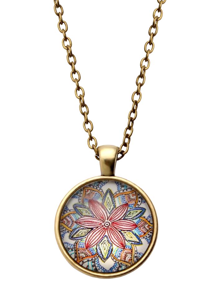 Romwe Bronze Flower Print Glass Pendant Necklace