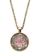 Romwe Bronze Flower Print Glass Pendant Necklace