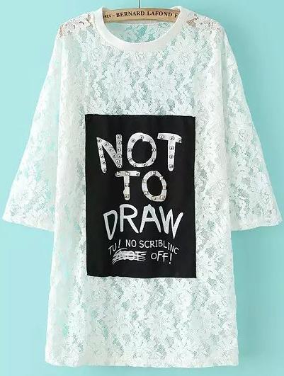 Romwe With Rivet Letter Print Lace White Blouse