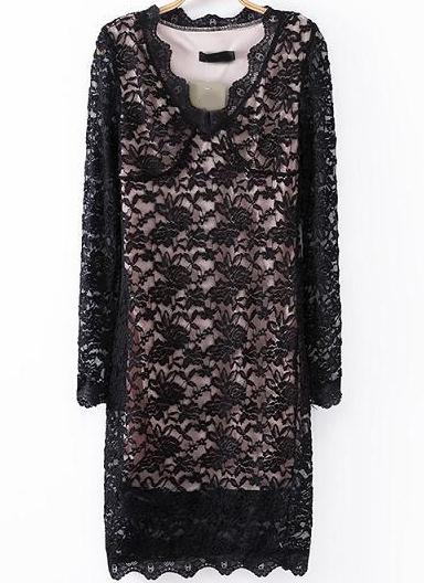 Romwe Black V Neck Sheer Lace Bodycon Dress