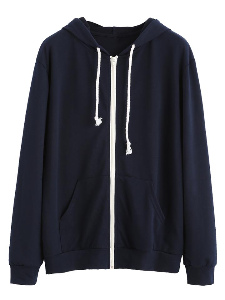 Romwe Navy Contrast Zip Drawstring Hooded Pocket Sweatshirt