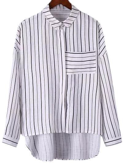 Romwe Black White Stripe Dip Hem Pocket Cotton Hemp Blouse