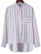 Romwe Black White Stripe Dip Hem Pocket Cotton Hemp Blouse