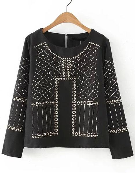 Romwe Studded Keyhole Black Shirt
