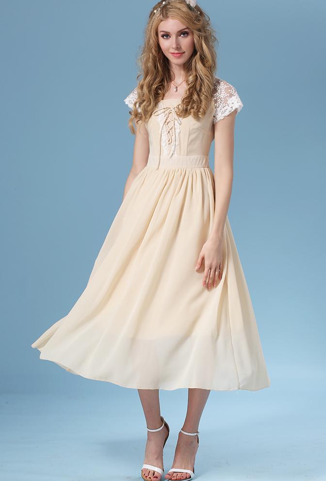 Romwe With Lace Up Chiffon Pleated Dress
