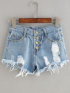 Romwe Button Fly Distressed Denim Shorts