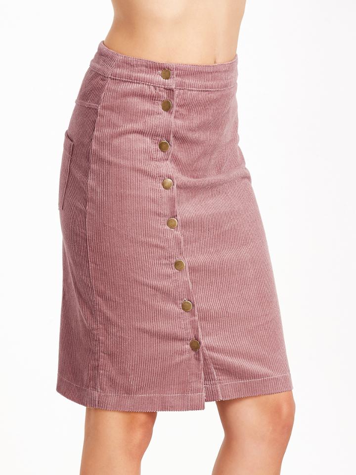 Romwe Pink Single Breasted Corduroy Pocket Pencil Skirt