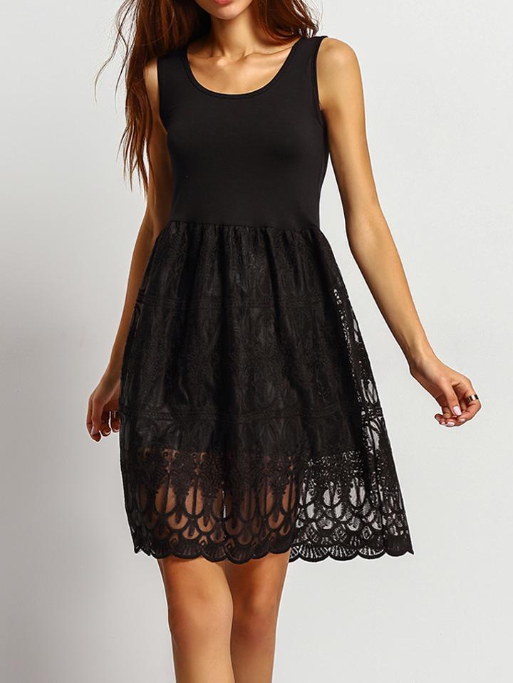 Romwe Black Sleeveless Lace Sheer Loose Dress