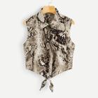 Romwe Snake Print Knot Hem Sleeveless Blouse