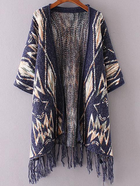 Romwe Navy Graphic Pattern Fringe Hem Poncho Sweater