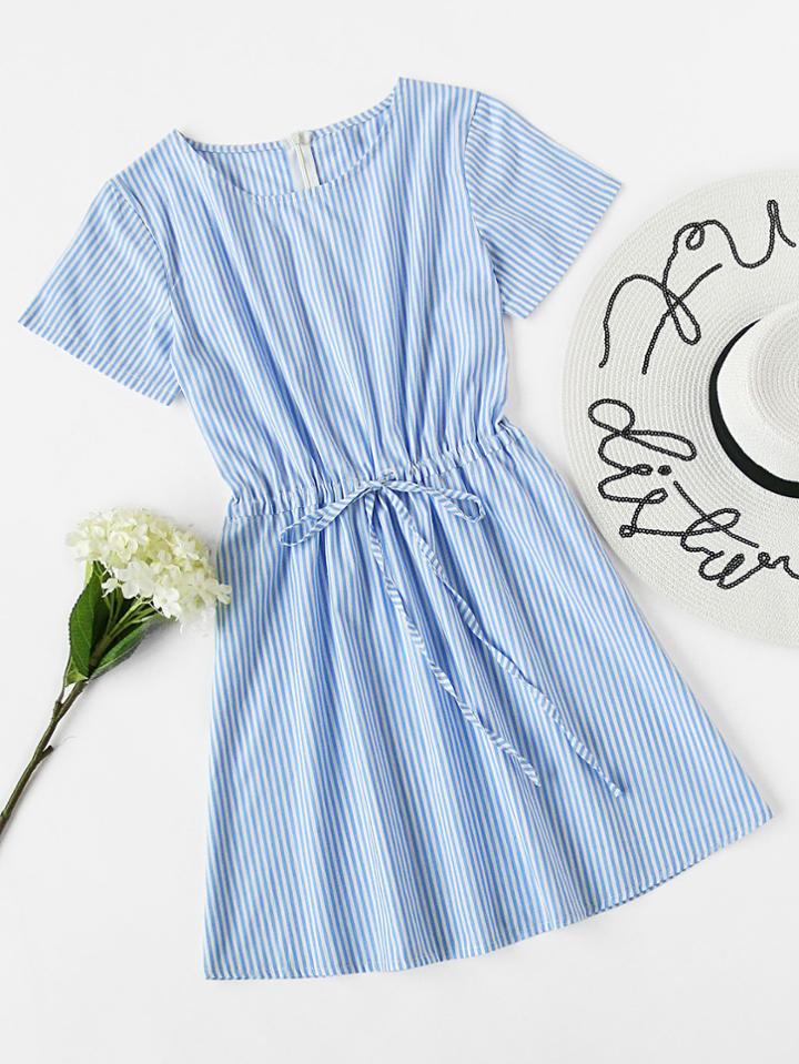 Romwe Vertical Striped Drawstring Waist Dress