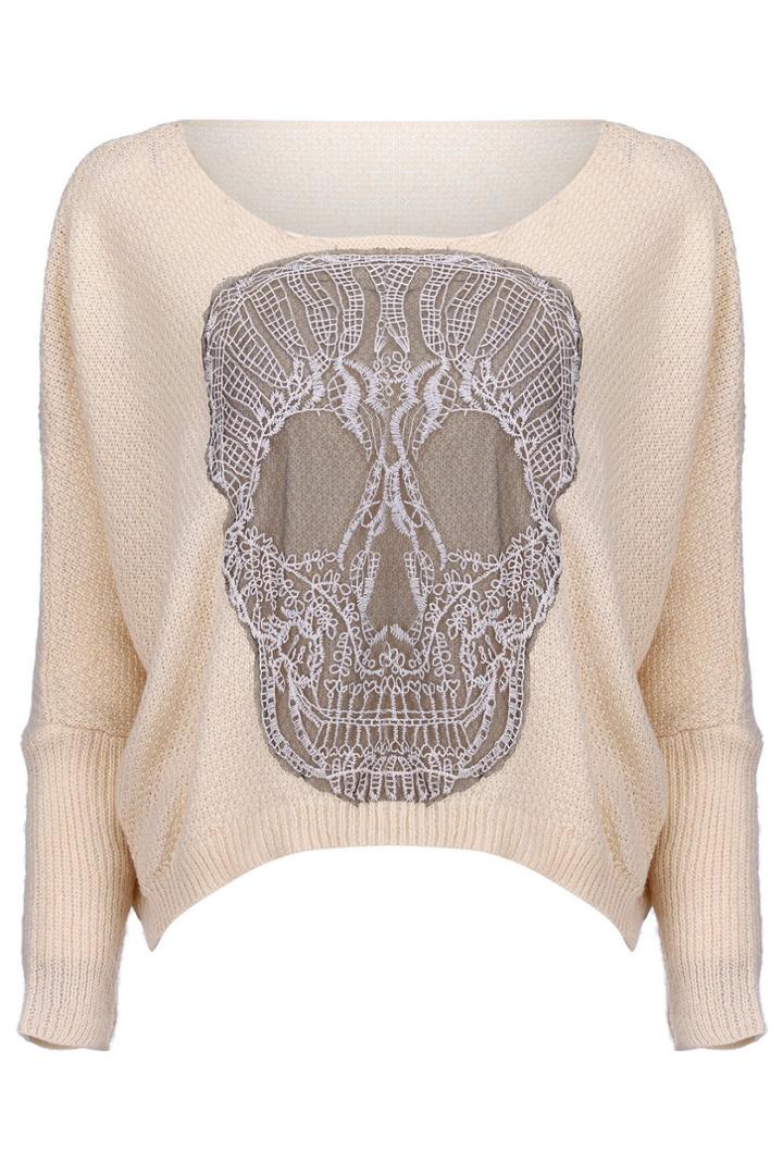 Romwe Skull Embroidery Apricot Jumper